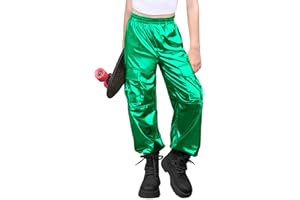 Haloumoning Girls Metallic Cargo Jogger Pants Kids Sparkly Hip Hop Dance Outfits High Waist Pants 5-14 Years