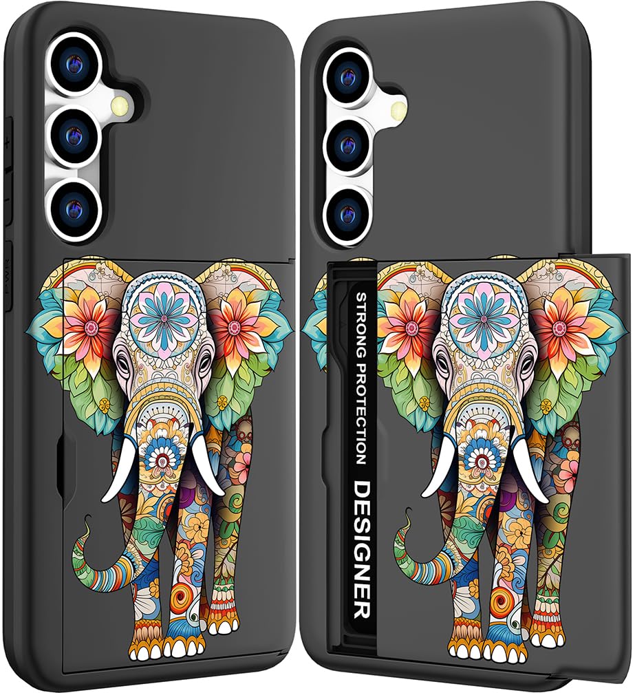 DYZTUNOCA Compatible with Samsung Galaxy S24 FE Case Wallet Cute for Women with Design,Rugged Credit Card Holder Slot Protective Phone Skin Cases - Green Elephant Mandala