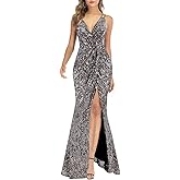 A ARFAR Women Sequin Party Dress V-Neck Sphagetti Strap Dress Sexy High Slit Dress Formal Evening Gowns