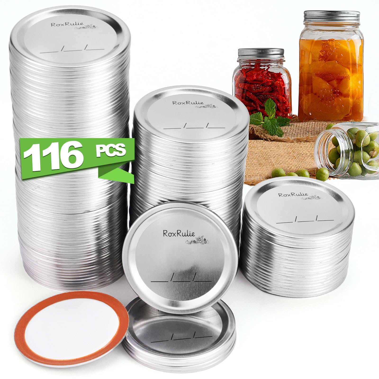 Photo 1 of RoxRulie 116PCS Canning lids Wide Mouth(3.43in/87mm), Upgraded Leak-Proof Mason Jar Lids for Ball/Kerr Jars, Split-Type Lid with Perfect Airtight Seal, Canning Jars Lids, Food Grade Material