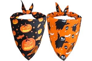 Viretec Halloween Dog Bandanas, Pet Holiday Pumpkin Bat Ghost Themed Pattern Bandanas 2 Pack, Double Sided Scarf Triangle Bib Neckerchief Set for Dogs and Cats Costume