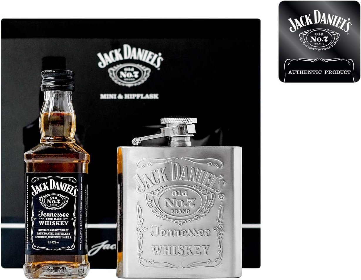 Jack Daniel's Whiskey 5cl Miniature and Hip Flask, Black
