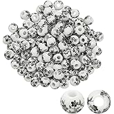 PATIKIL 150 Pcs Ceramic Beads for Jewelry Making, 8mm Flower Printed Round Porcelain Beads Handmade Glazing Beading Supplies for Earring Necklace Bracelets DIY Crafts, Orchid Black