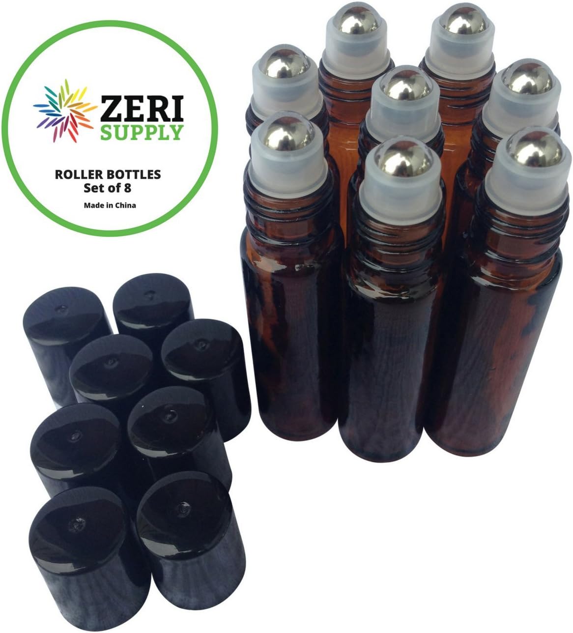 Roller Bottles with Metal Roll On Ball (Set of 8) for Easy No Mess Application of Aromatherapy Essential Oils By Zeri Supply. 10ml Empty Brown Amber Vials with Black Lids and Stainless Steel Rollers.