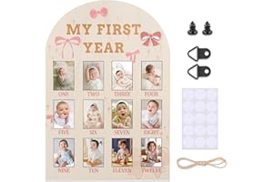 RANERVZ My First Year Photo Board from 1-12 Months Pink Bow Baby Milestone Monthly Sign for First Birthday Party Decorations Coquette Wooden Picture Board for Girl One Birthday Baby Shower Nursery Decors Keepsake Gift