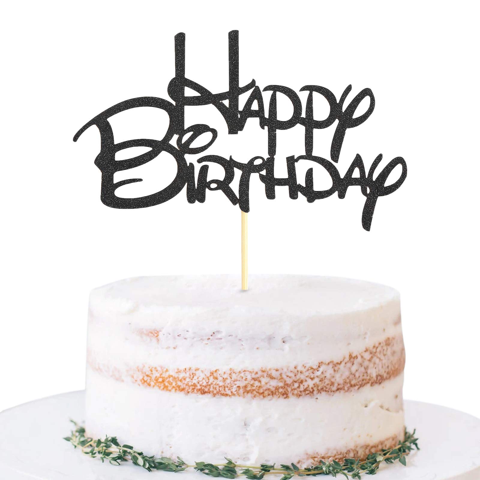 Black Happy Birthday Cake Topper - Golden Glitter Birthday Party Cake Decoration Supplies, Cake Smash Decoration Photo Booth Props, Gold Paper Cake Topper Flags Sign