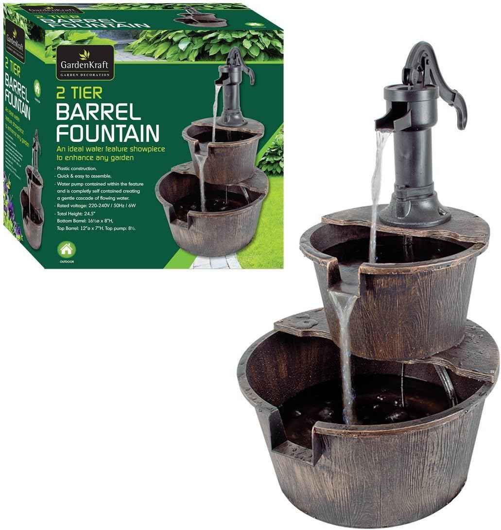 Gardenkraft 2 Tier Barrel Water Fountain/ With Pump/ Garden/ Indoor