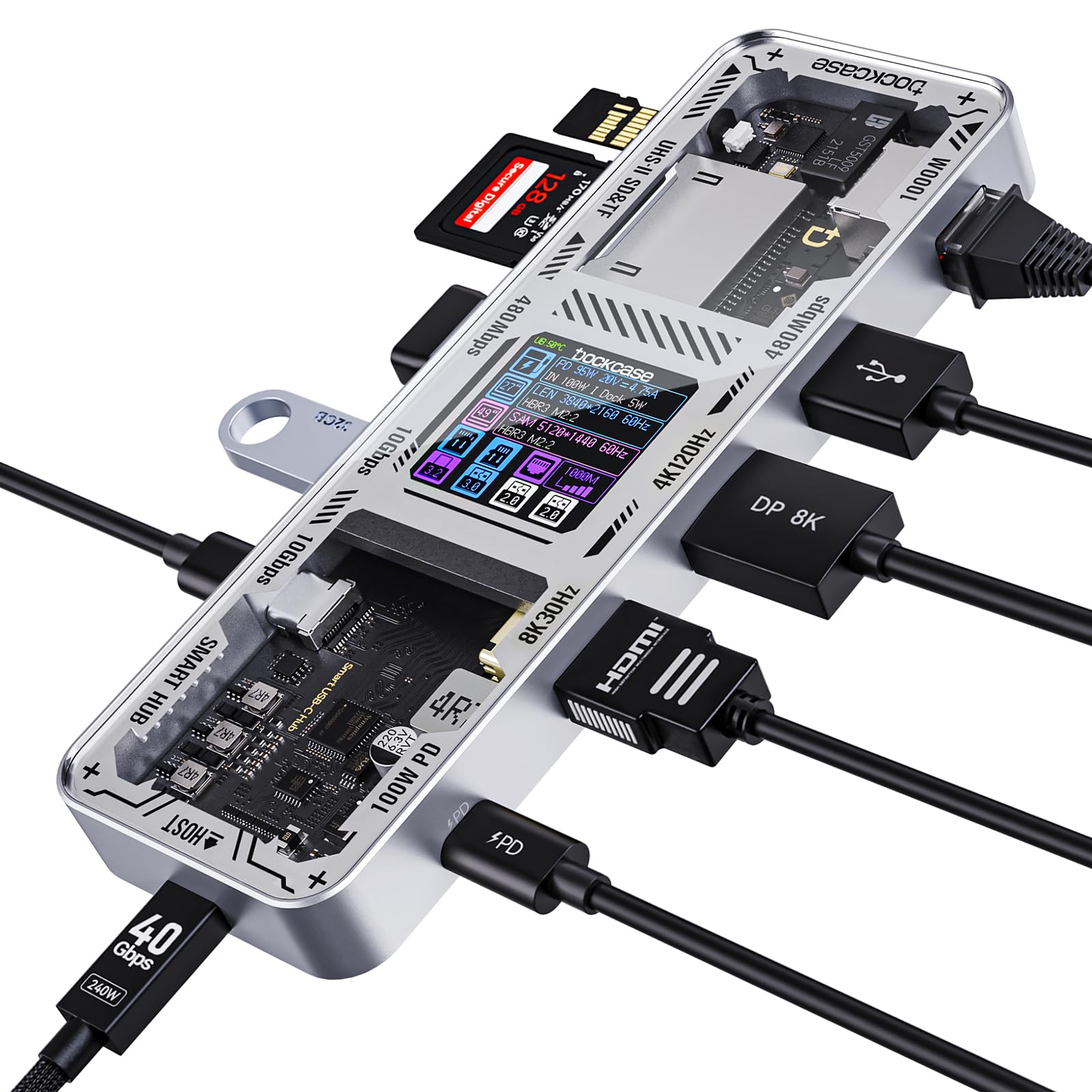 DOCKCASE Explorer Edition Docking Station 10-in-1 with DP&HDMI 4K@120Hz (Single), Gigabit Ethernet, 1 USB-C and 3 USB-A Ports, 100W PD, USB Hub UHS-II TF/SD Card Slot for Mac and Windows, Silver