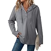Dokotoo Hoodies for Women Long Sleeve Drawstring Button V Neck Fleece Casual Lightweight Pullover Sweatshirt Hooded Tops