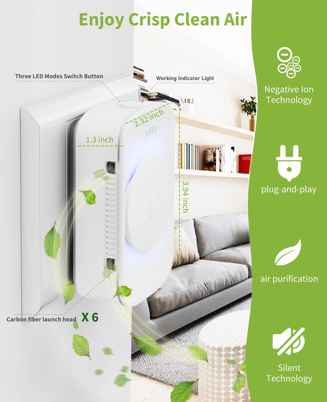 ySky Plug In Air Purifier for Home (1 pack), Negative Ion Air purifier,Quiet Ionizers Air Freshener for home,Bathroom,Bedroom,Portable Air Purifiers for Odor,Pet smell,Mini Air ionizers