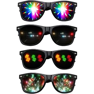 WmerWmn Diffraction Glasses, 4 Pcs Rave Sunglasses with 4 Distinct Prism Effects, Black Frame Refraction Glasses for Music Fe