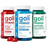 Goli Zero Sugar Trio - World's First 3-in-1 Pre, Post, Probiotic, Apple Cider Vinegar with Vitamin B12 and Probiotics, Ashwagandha &amp; L-Theanine, Vitamin D Gummies, 180 Count (3-Bottle Set)