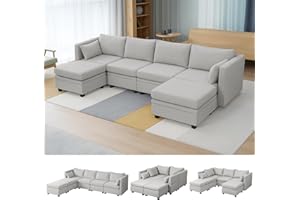 EDWINENE Modular Sectional Sofa with Storage, U Shaped Sectional Couch for Living Room, Convertible Sofa with Ottomans, High Supportive & Soft Sponge, 6 Seater, Light Grey