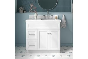 ARIEL 37" White Bathroom Vanity 1.5" Edge Pure White Quartz Countertop & Splash, Right Rectangular Sink, 2 Soft-Closing Doors, 2 Full Extension Drawers, Built in Toe Kick, Brushed Nickel