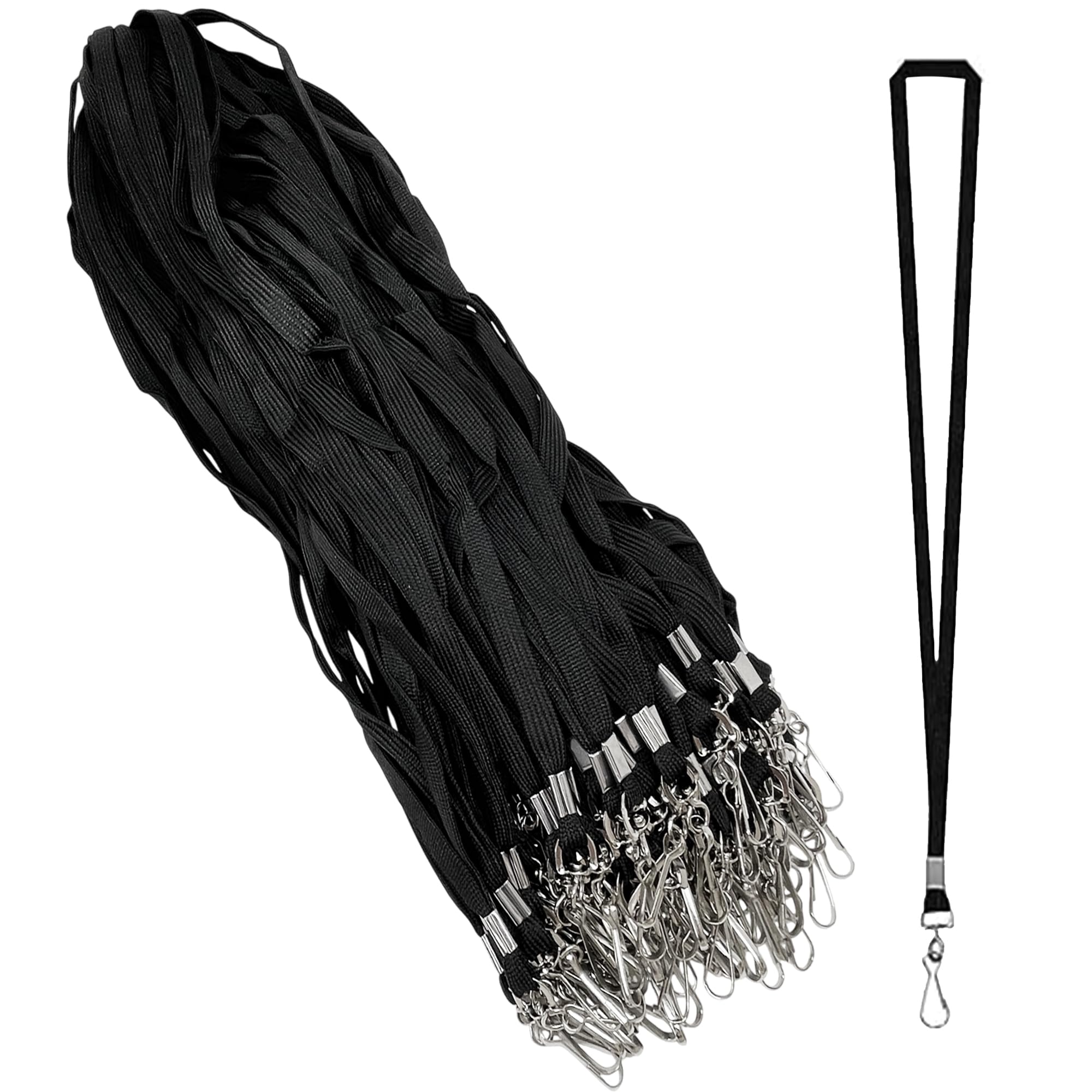 Double Dragon Premium Flat Lanyards with Metal Swivel J Hook for ID Card Badge Holder, Black, Pack of 100