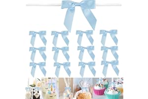GUIFIER 100 Pieces 3 inch Satin Ribbon Twist Tie Bows, Blue Pretied Bows with Twist Ties, Twist Bows Treats Bags, Bow Ties for Treats, Cake Pops, Baby Shower, Crafts, Gift Wrapping Favors, Cookies