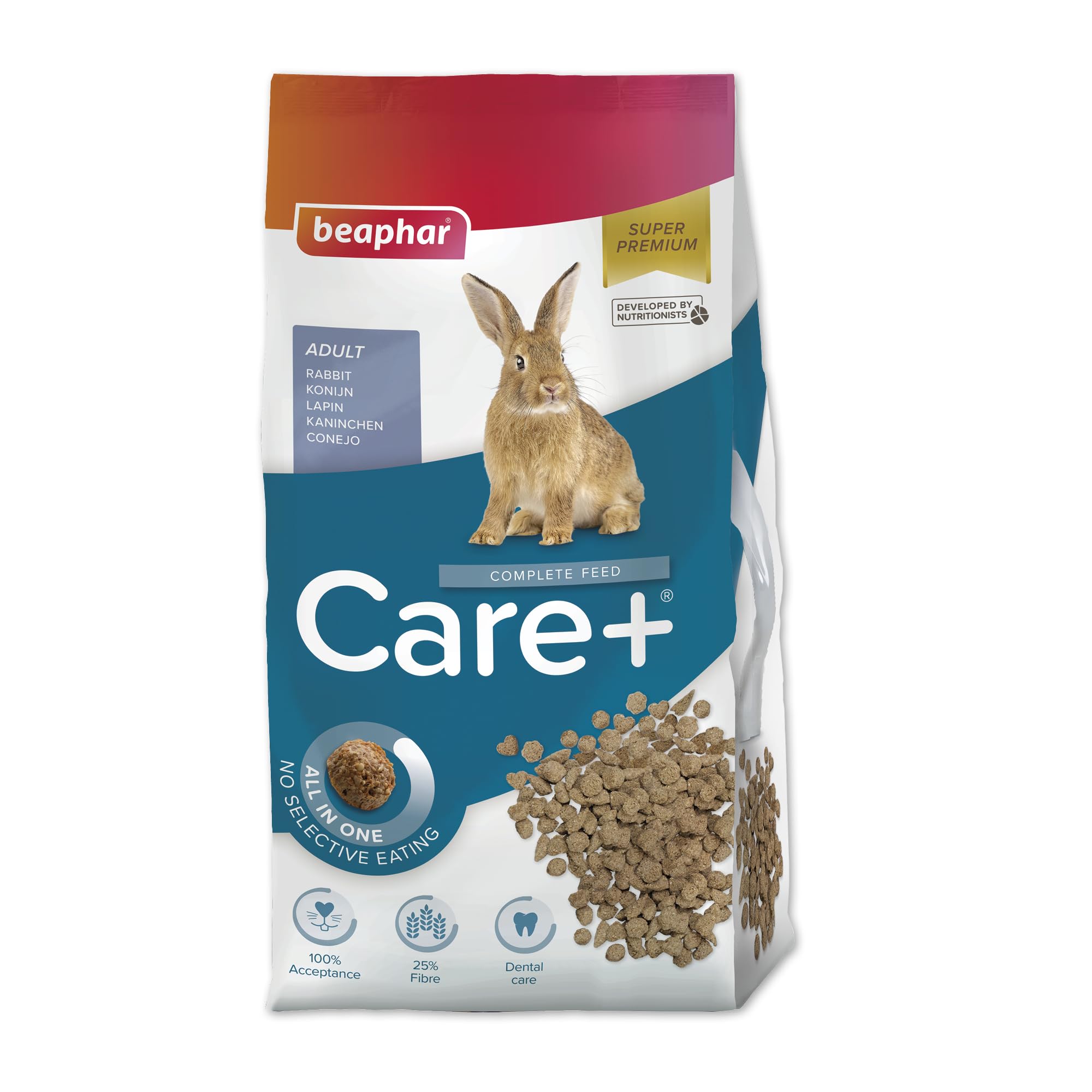 Beaphar - Care+® Rabbit Food 5kg - All-in-one super-premium rabbit food - Prevents selective feeding - High fibre & prebiotics to support digestion - No added sugar/colours -From 10 months to 6 years