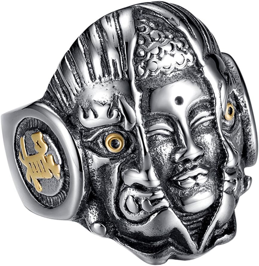 Men's Stainless Steel Vintage Supernatural Buddha and Devil Ring Engraved Chinese Character