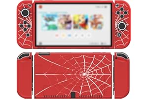 JINGDU Protective Case Compatible with Nintendo Switch OLED 2021, TPU Case Accessory for Switch Console and Grip JoyCon, Switch Protector with 4 Thumb Grips, Red Spider Web