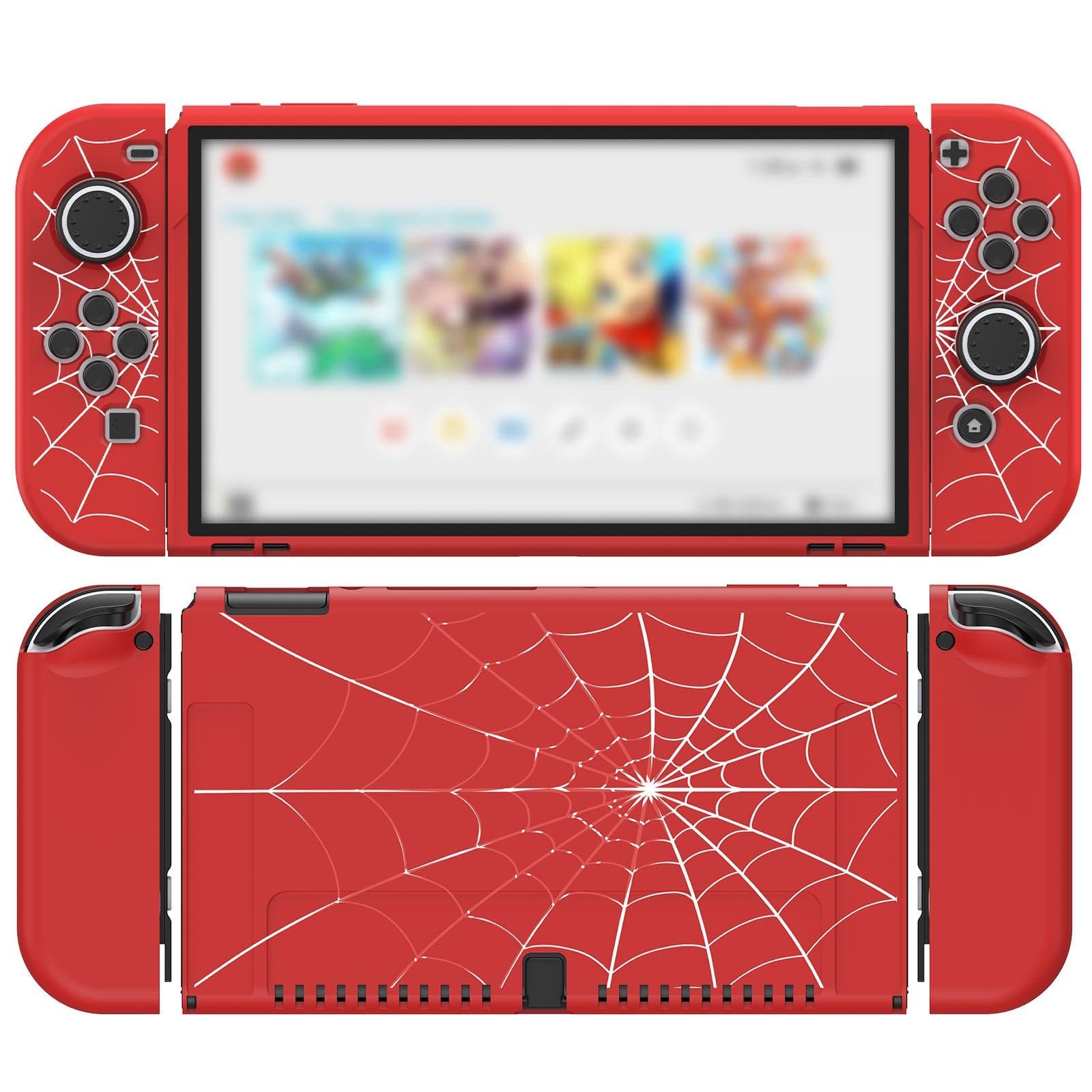 JINGDU Protective Case Compatible with Nintendo Switch OLED 2021, TPU Case Accessory for Switch Console and Grip JoyCon, Switch Protector with 4 Thumb Grips, Red Spider Web