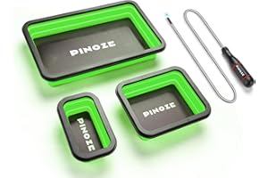 PINOZE Collapsible Magnetic Parts Organizer Trays & 12" Flexible Magnetic Pickup Tool, 3 Different Size Magnet Tool Trays & Pick-Up Sweeper for Screw, Bolts, Nuts, Washers, Pins and Metal Parts, Green