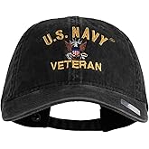 US Navy Veteran Military Embroidered Washed Pigment Dyed Cotton Cap | 6-panel unstructured low-profile construction, adjustable buckle closure, ventilation holes, cotton, inner hatband, one size