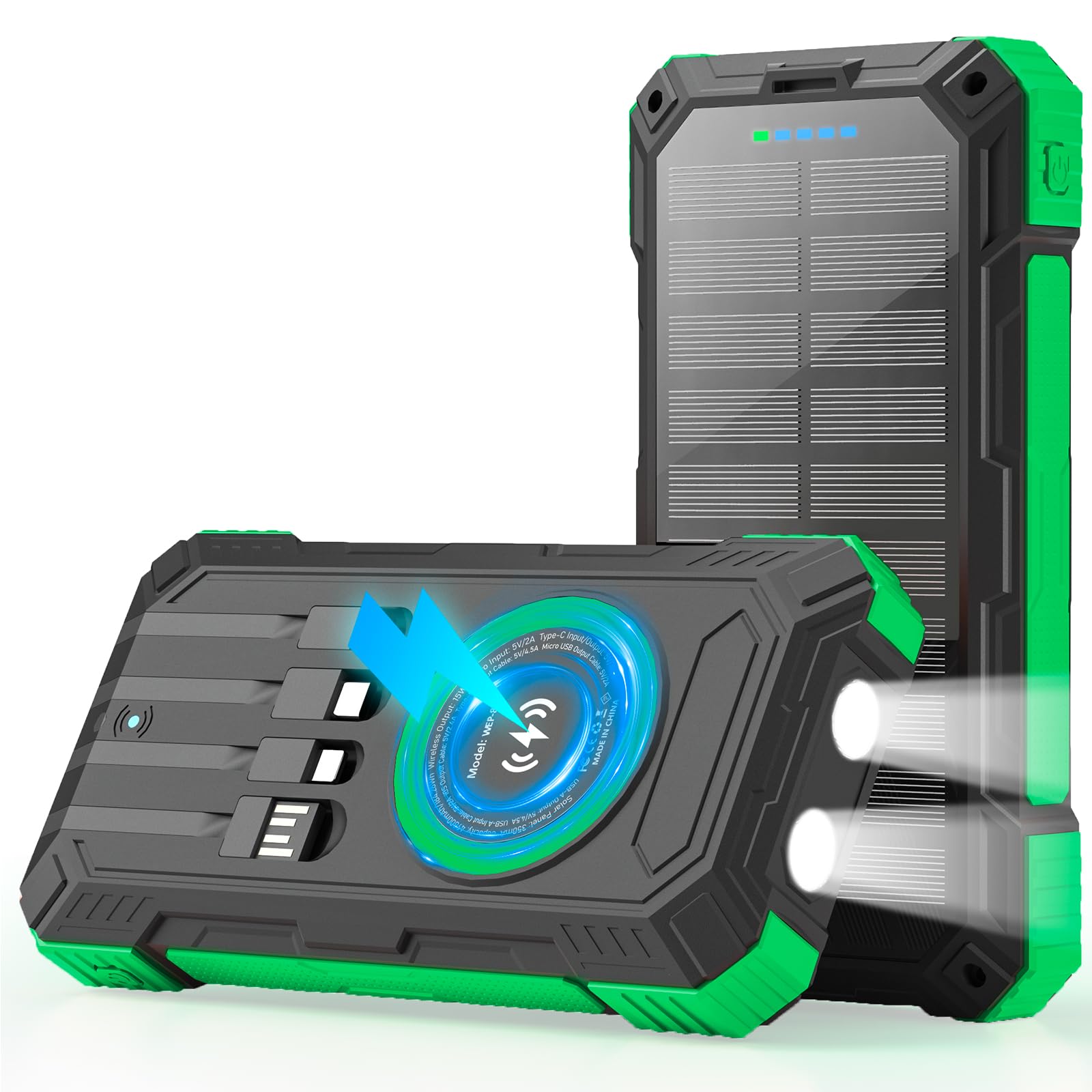 YOLOSKS Solar Charger Power Bank 49800mAh Wireless Portable Phone Charger, 22.5W QC3.0 Fast Charging Built in 4 Cables with USB C 6 Outputs & 2 Inputs for All Cell Phone