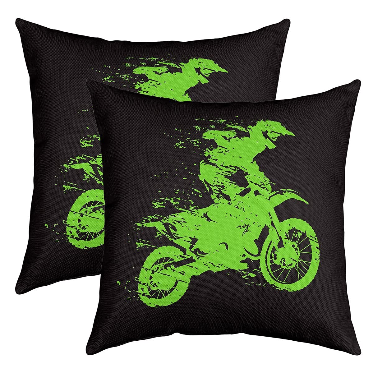 Loussiesd Dirt Bike Throw Pillow Covers 20"x20" Set of 2 Soft Extreme Sports Cushion Covers for for Sofa Racing Motocross Rider Green Black Motorcycle Decorative Pillowcases Outdoor Pillows Covers