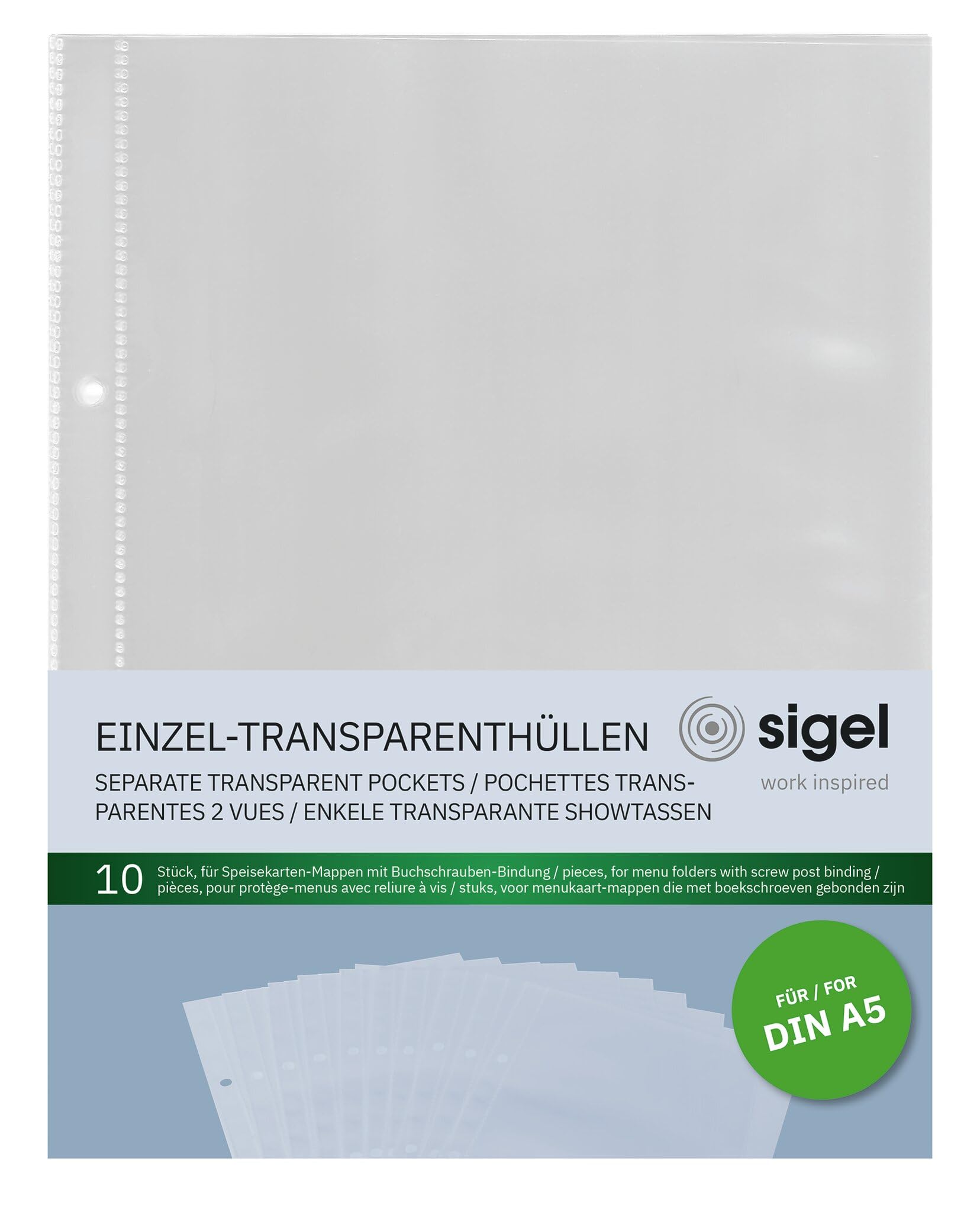 SIGEL SM191 Single Transparent Pockets, for menu folders with screw post binding , for A5, 10 Pieces