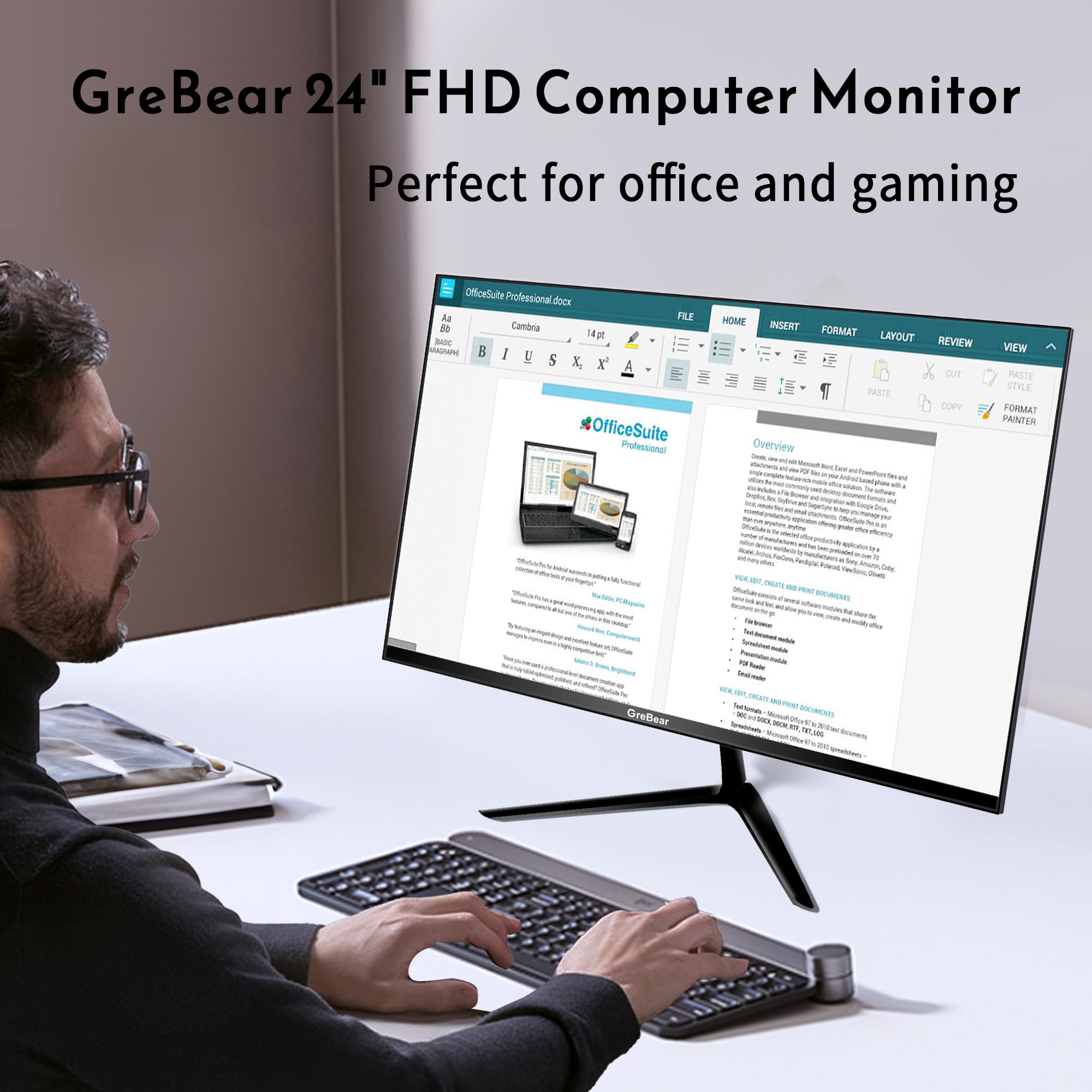 GreBear 24 Inch Computer Monitor, FHD 1080p PC Monitor 75hz Built in Speakers, 99% sRGB Low Blue Light Anti-Glare VA Screen Desktop Display w/HDMI/USB Type-C/Freesync Tilt Adjustable 75 x 75 mm VESA