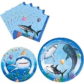 WERNNSAI 48 PCS Shark Plates and Napkins Shark Birthday Party Decorations | Under The Sea Party Decorations,Blue Ocean Plates Tableware for Kids Boys Baby Shower Summer Pool Party Decor,Serves 16 Guest