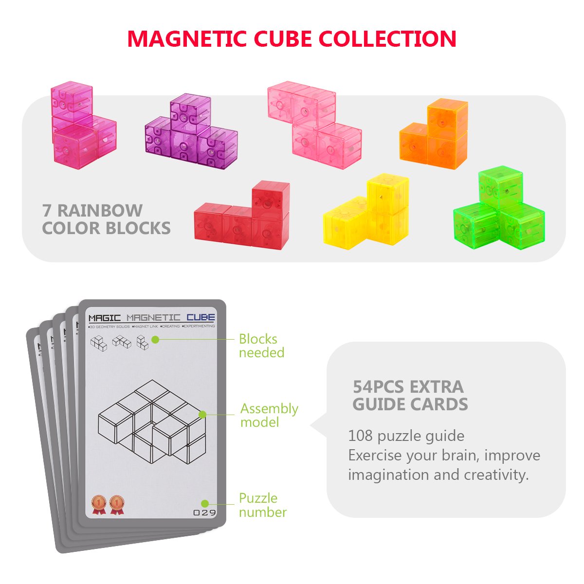 D-FantiX Magnetic Building Blocks, Magnet Cube Puzzle Toys Crystal 3D Tetris Puzzle Brainteaser Stress Relief Toy Square Magnets Building Blocks for Kids with 54pcs Puzzle Cards