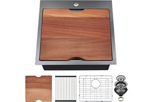 EcoChannels Kitchen Sink, 21 x 20 x 10 Drop in Kitchen Sink 16 Gauge Gunmetal Black Stainless Steel Workstation Sink Topmount Kitchen Sink Single Bowl with Cutting Board