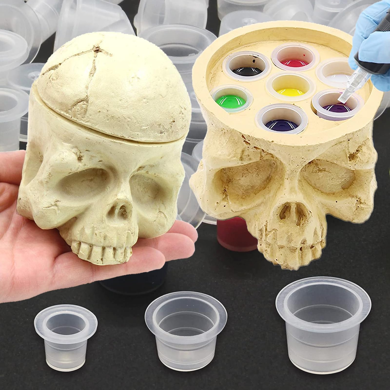 Skull Tattoo Ink Cup Holder with 300Pcs Tattoo Ink Pots - Unihuby Tattoos Pigment Caps Kit Tattoos Artist Gift