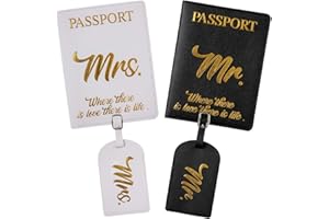 ULICO Passport Cover and Luggage Tag Set,PU Leather Passport Case Holder Travel Suitcase Tag,Bridal Shower Wedding Honeymoon Gifts for Couples (Black and White)