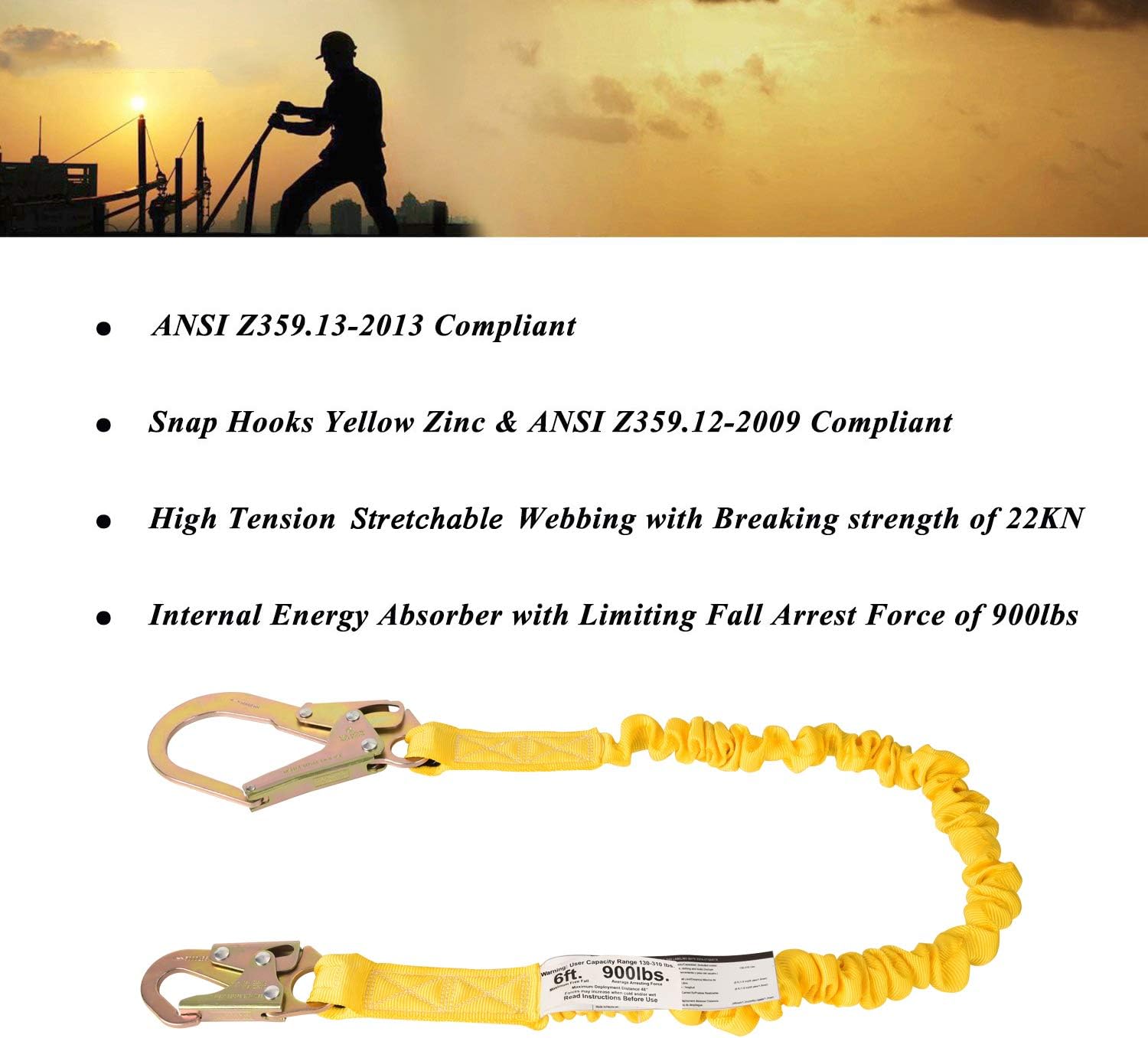 WELKFORDER Single Leg 6-Foot Fall Protection Internal Shock Absorbing Stretchable Safety Lanyard with Snap & Rebar Hook Connectors ANSI Compliant - - 