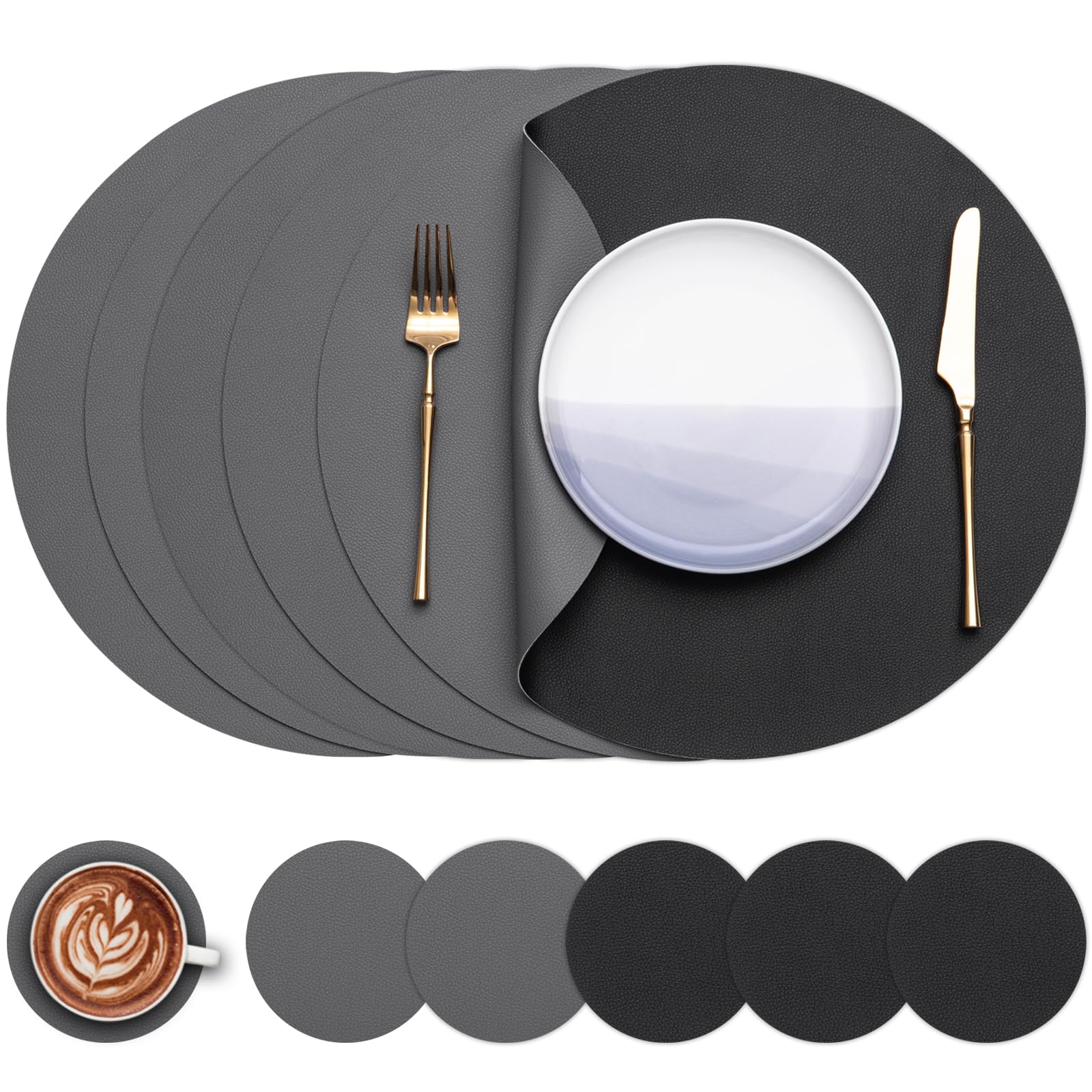 Myir JUN Round Table Placemats Set of 6 Faux Leather Place Mats and Coasters 15 inch Round Dual Sided Placemats Non-Slip Wipe Clean Stain Resistant (Gray Black,Set of 6)
