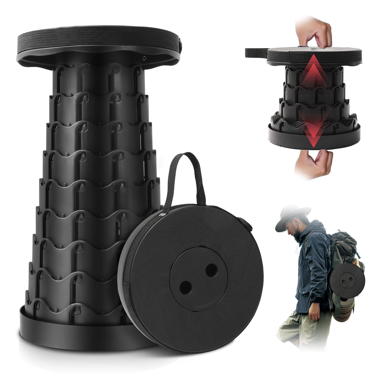 Photo 1 of Kicyosl Collapsible Stool, Camping Stools for Adults with Load Capacity 550lbs?Upgraded Folding Seats with Carrying Straps for Outdoor Fishing Hiking Gardening Travel BBQ (Black)