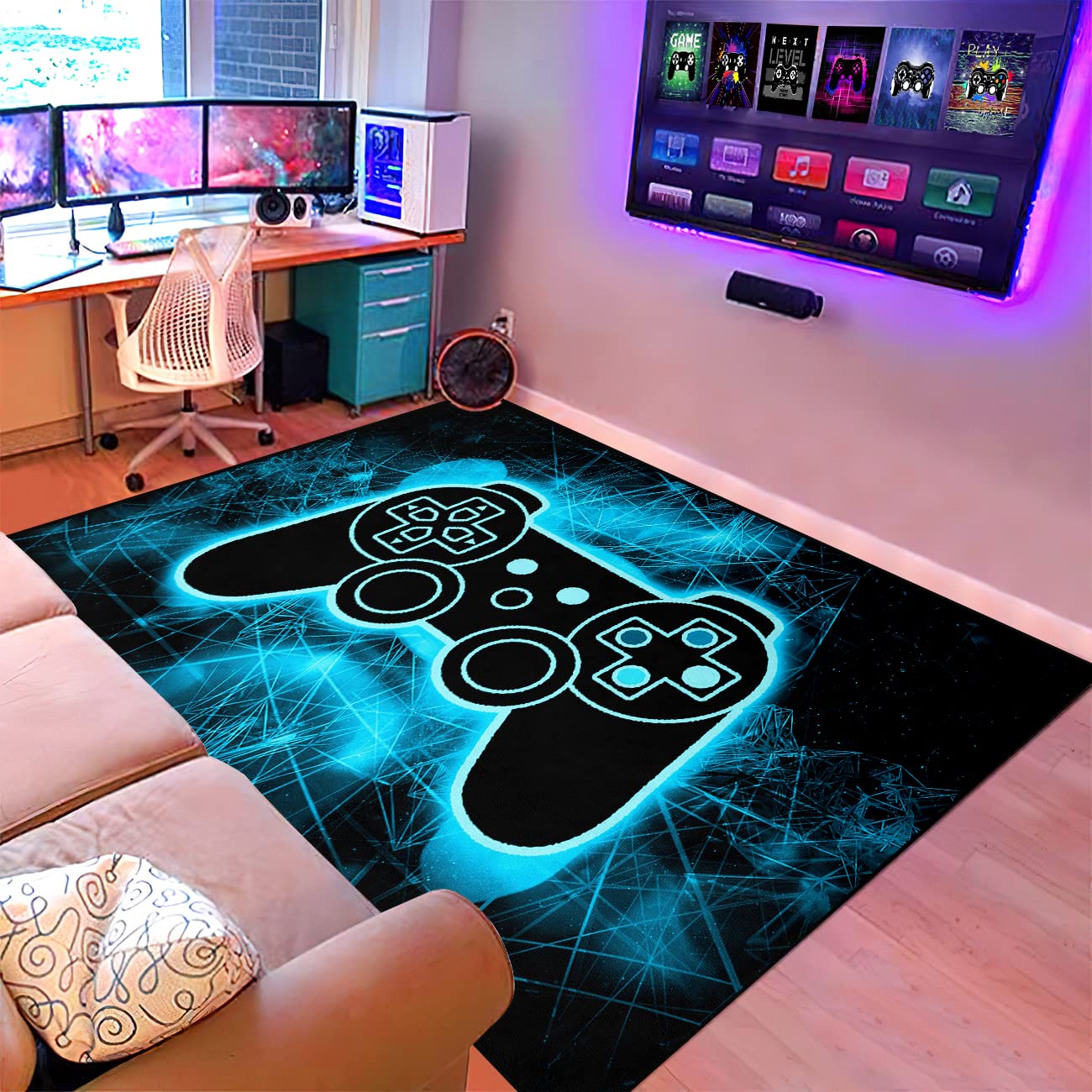 Photo 1 of Gaming Video Game Area Rugs for Boys Teens Modern Cool Tech Style Gaming Room Home Decor Gamer Controller Gamepad Pattern Area Rug Floor Carpet Bathroom Mat for Leisure/Living/Bedroom