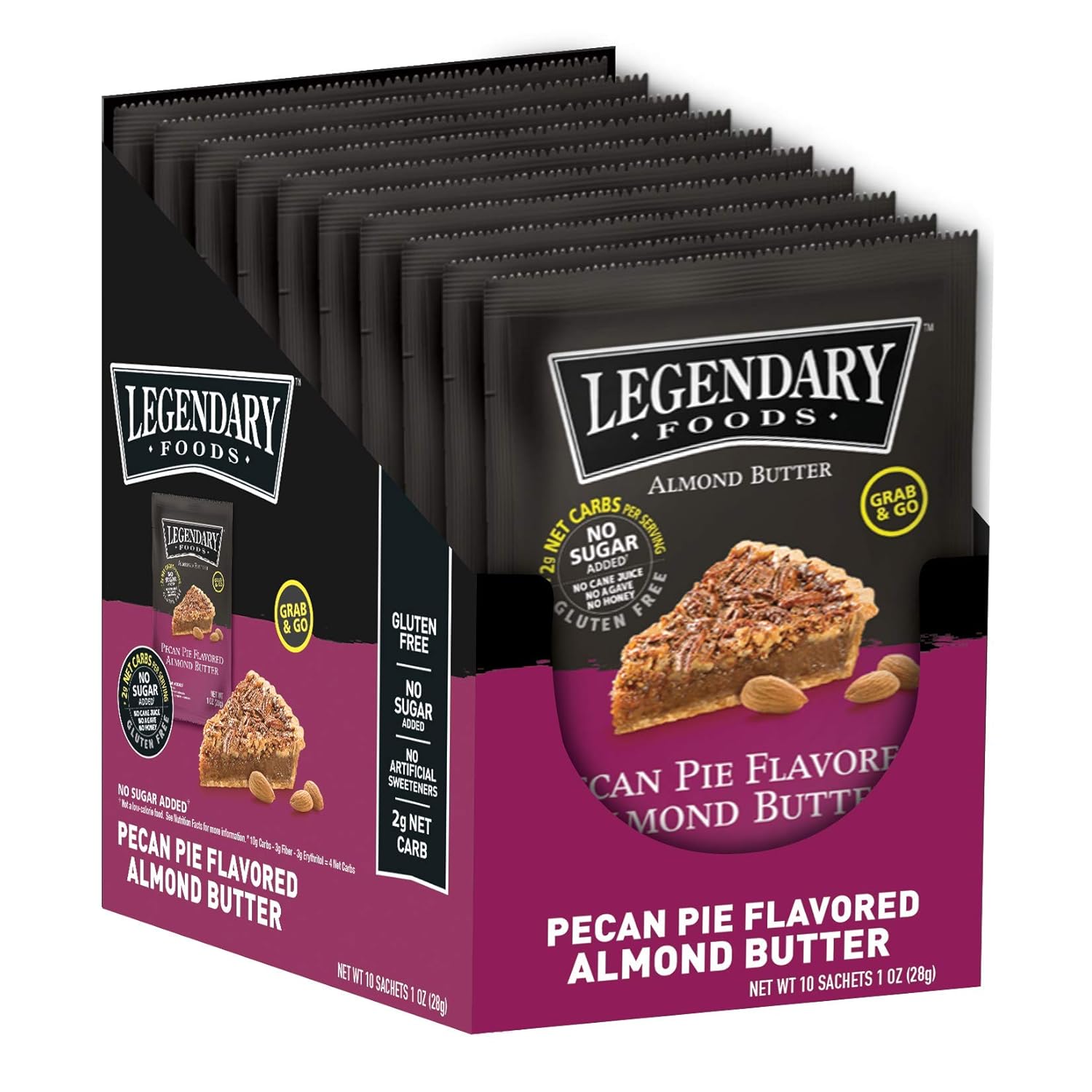 Legendary Foods Almond Butter | Keto Snacks & Fat Bombs, Low Carb, No Sugar Added, Vegan | Pecan Pie (1oz Squeeze Packets, Pack of 10)