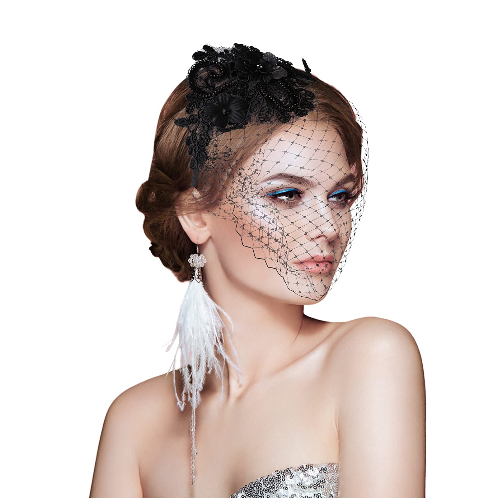 Photo 1 of Aster 1920s Fascinator Mesh Veil Black Headband Bridal Wedding Tea Party Fascinator Veil for Woman Girl