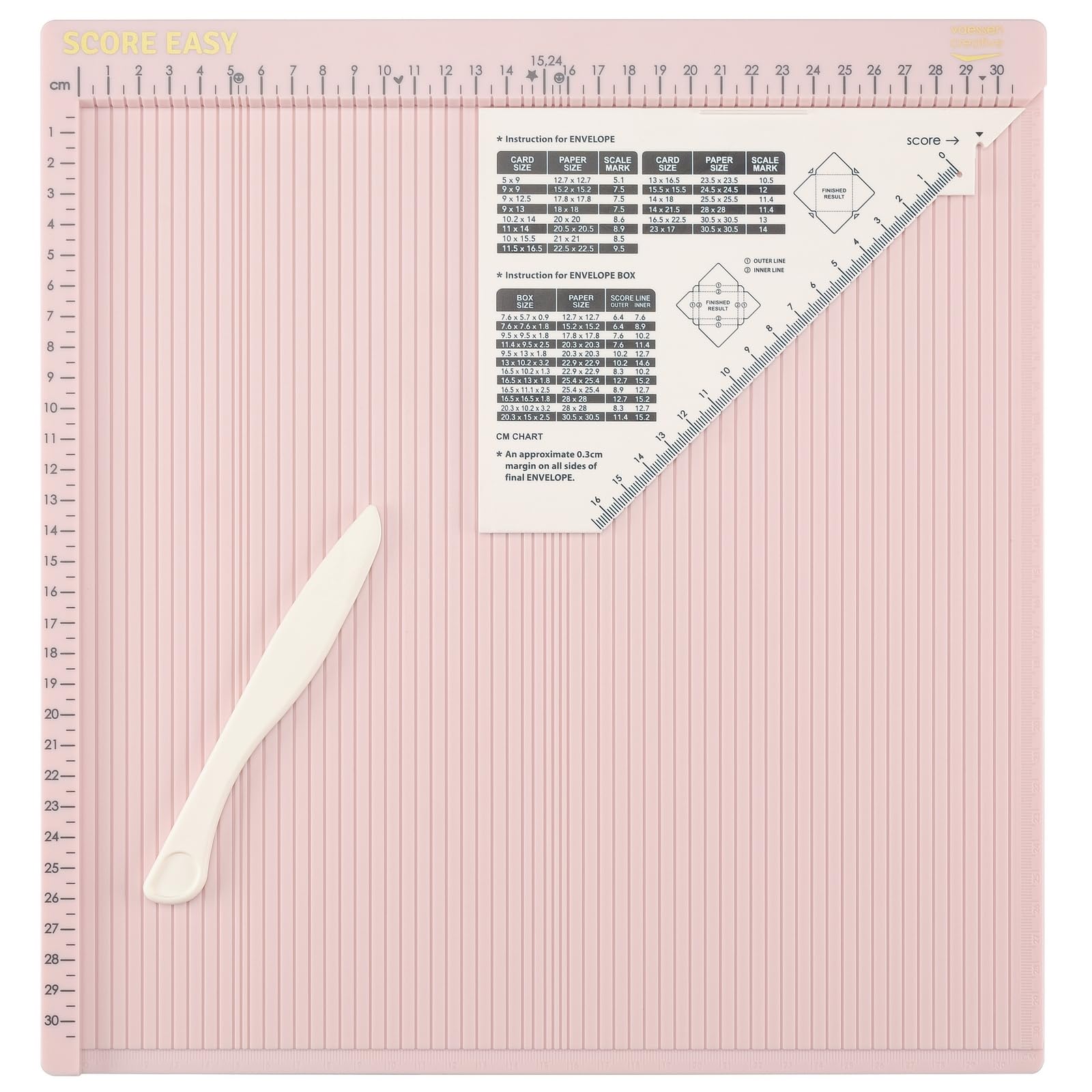 Vaessen Creative Scoring Board cm with Bone Folder and Guide for Card Making and Paper Crafts, Pink, 30.5 x 30.5 cm