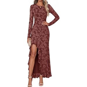 MEROKEETY Womens Fall Wedding Guest Dress Formal Long Sleeve Maxi Dresses | Floral Cocktail Prom Dress, Ruched Waist, Asymmet