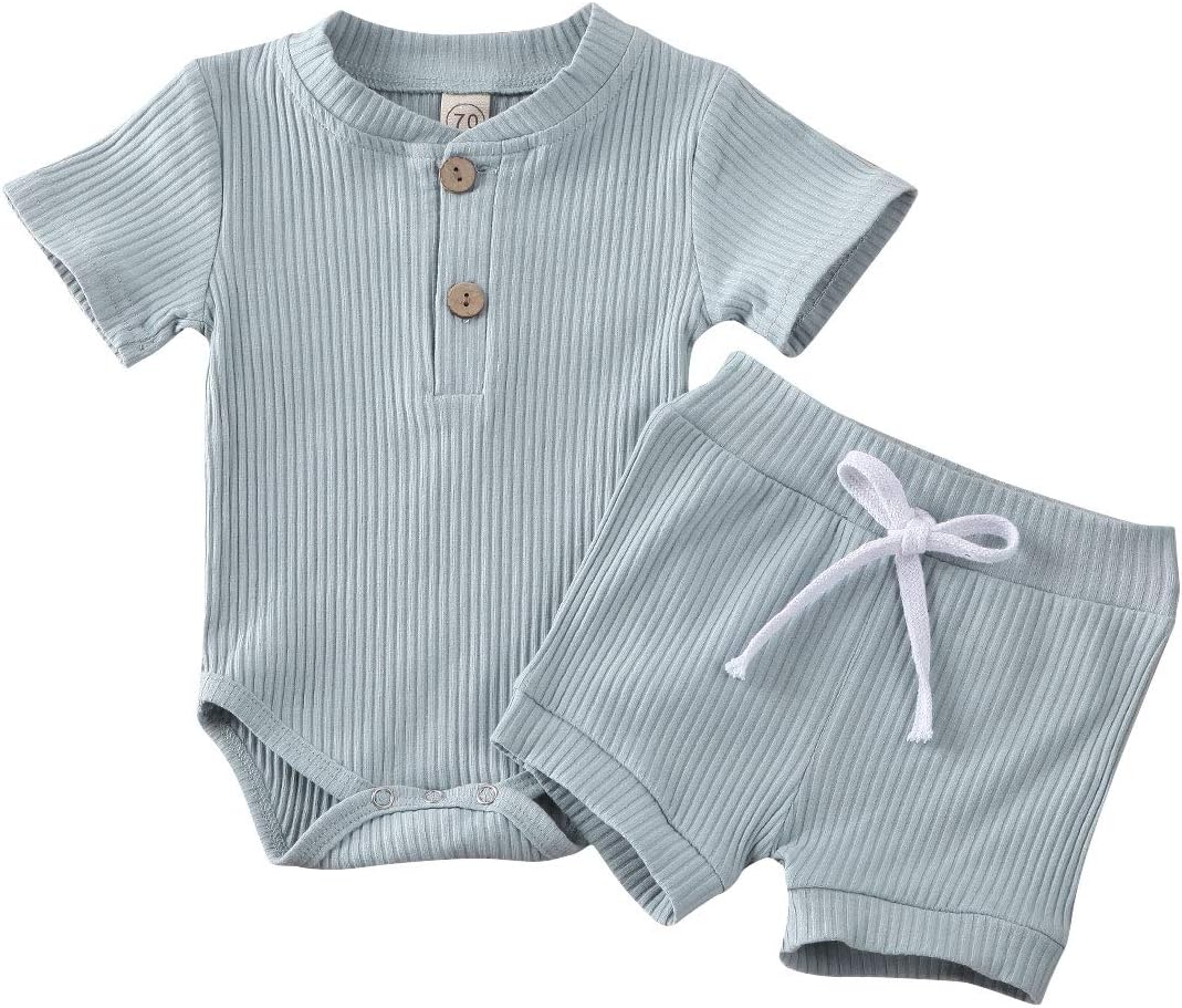 Newborn Baby Boys Summer Outfits Infant Ribbed Knitted Cotton Short Sleeve Top Shirt + Shorts Two Piece Clothes Set