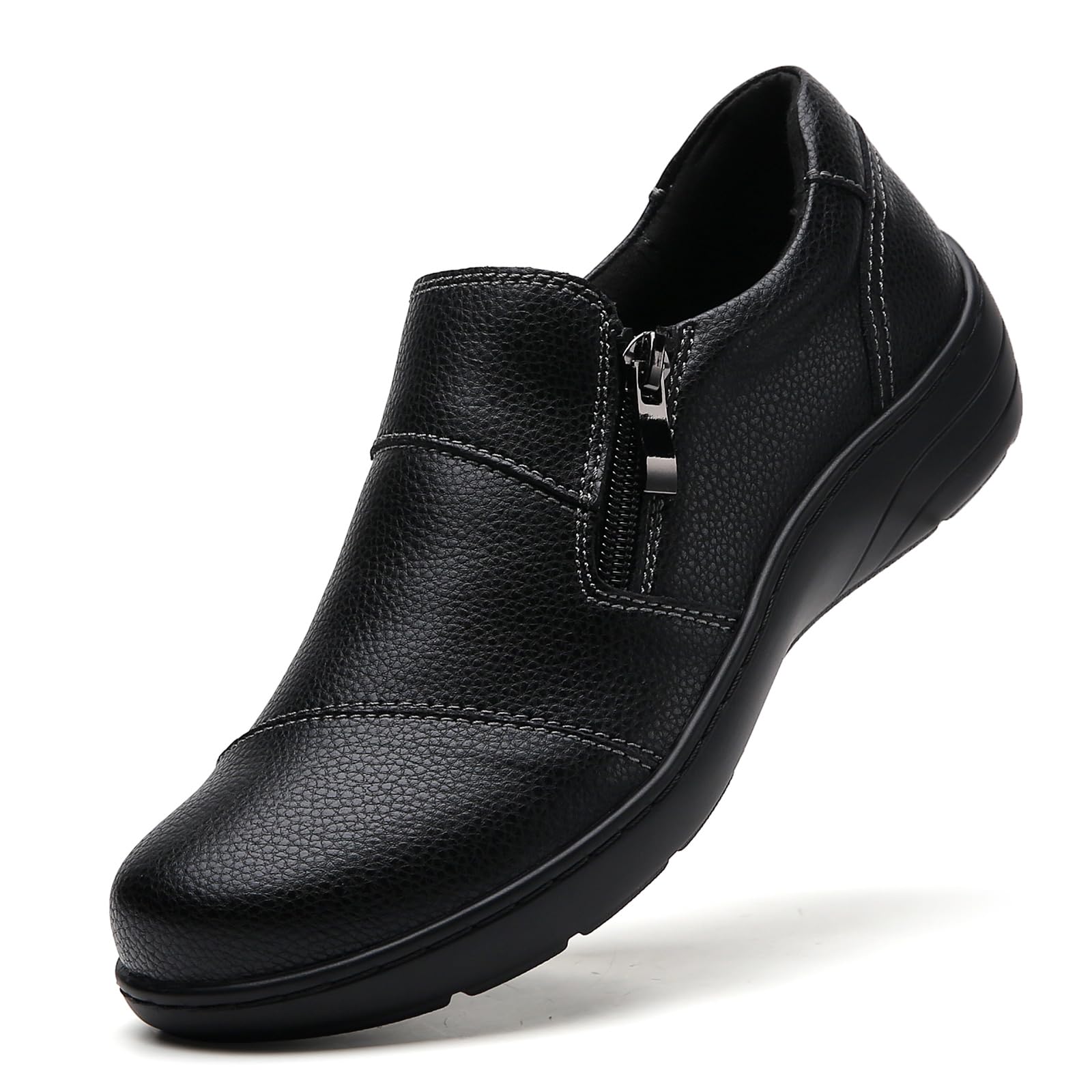 Photo 1 of QHH Black Loafers for Women Women's Loafers & Slip-Ons Zipper Leather Non-Slip Lightweight Walking Flats Business Casual Shoes Orthopedic Shoes Comfortable Dress Shoes Office Work Shoes US 6