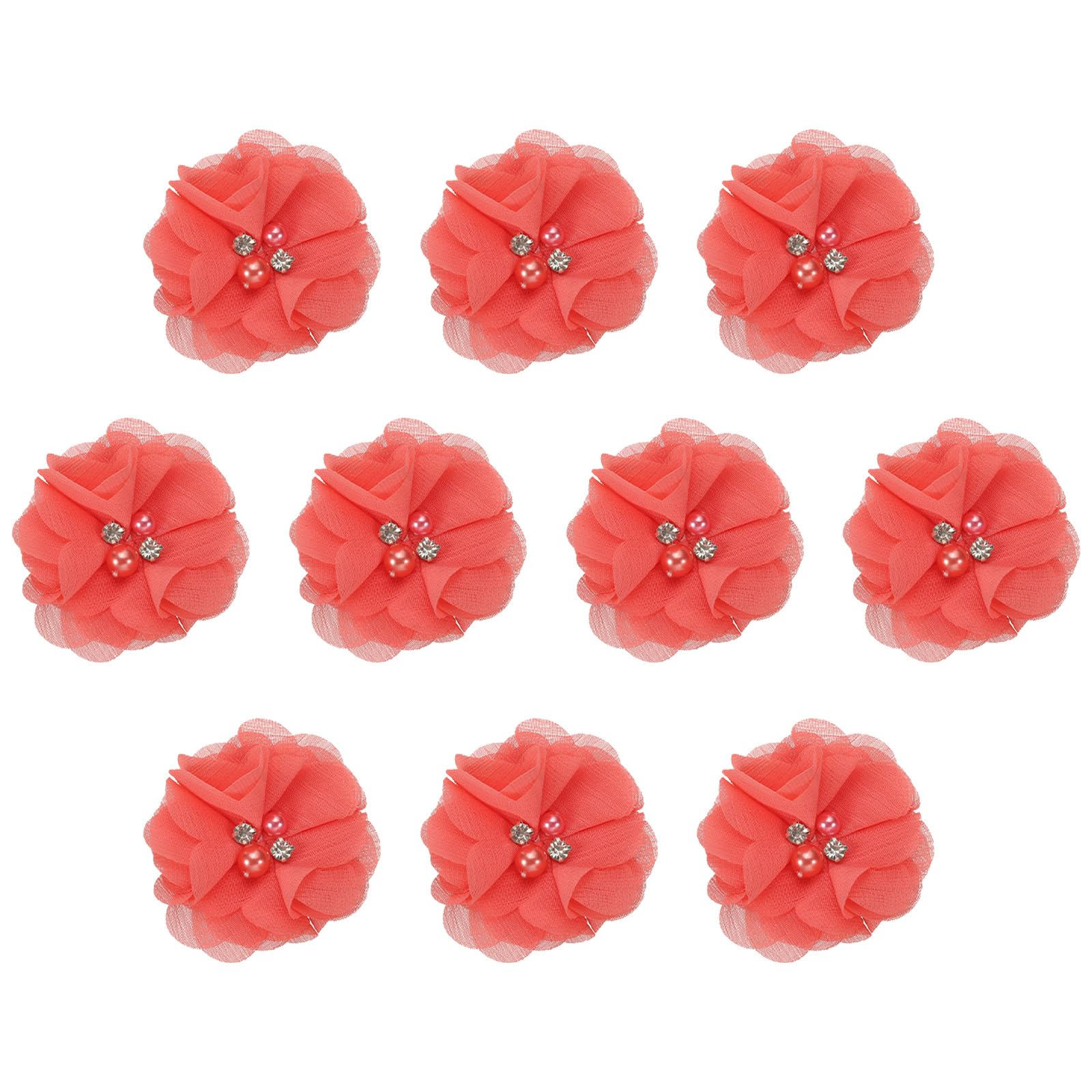 PATIKIL 2" Chiffon Flowers, 10Pcs Fabric Flowers Sewing Appliques Embellishments with Rhinestone Pearl for DIY Crafts Wedding Headbands Party Decoration, Rose Red