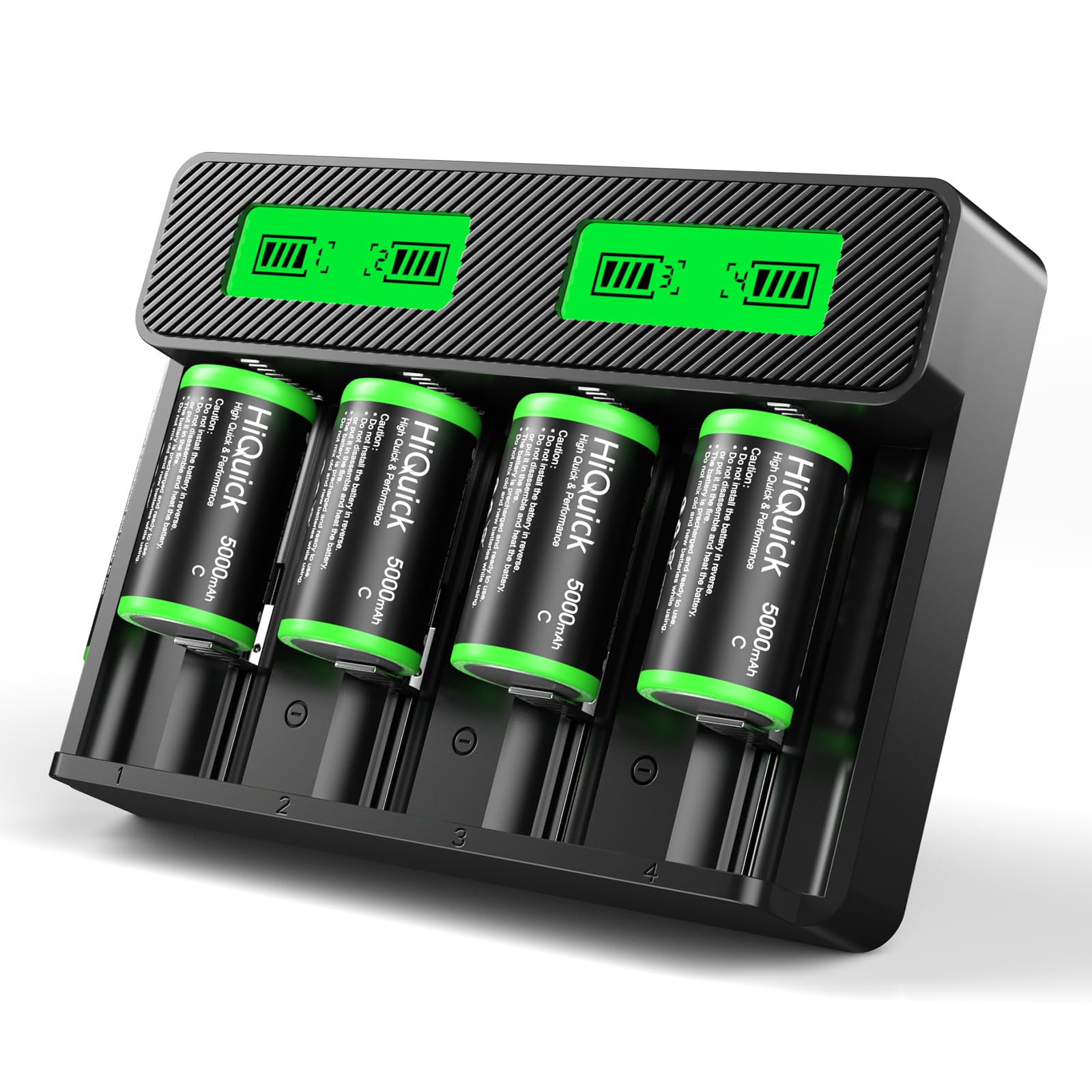 Photo 1 of ***MISSING 1 BATTERY TOTAL OF 3***HiQuick Rechargeable C Batteries with Charger, 4 Bay LCD Universal Battery Charger for 3.7V Lithium Ion 18650 and 1.2V Ni-MH Ni-CD AA AAA C D Batteries to Charge, Contains 4 C Ni-MH Batteries