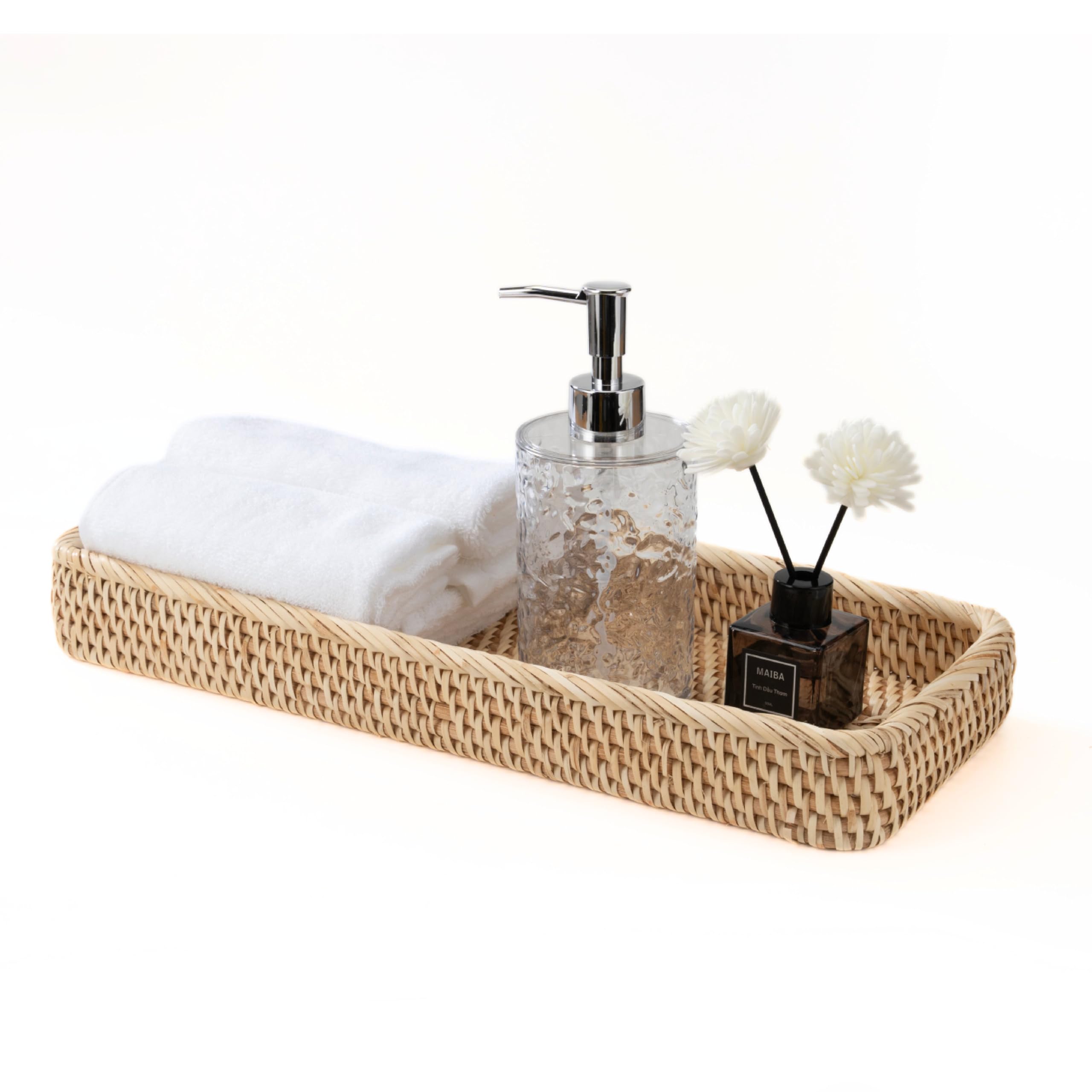 Photo 1 of Journee Home 16 Inch Rattan Tray, Handmade Bathroom Vanity Tray, Toilet Tank Basket, Boho Vintage Woven Tray for Decor, Serving, Storage, Coffee Table, Countertop Shelf, Bathroom, Kitchen (Set 1)