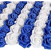 INSUNSIX 100pcs Royal Blue Artificial Rose Flower Heads, 3inch White Foam Roses Bulk Stemless Fake Flower Heads for DIY Crafts,Cake Decoration Wedding,Baby Shower Flower Centerpieces(Blue White)