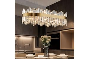 Siljoy Modern Crystal Chandelier 16 Lights Rectangular Gold 2-Tiers Raindrop Crystal Chandelier Oval Adjustable Hanging Pendant Ceiling Light Fixture for Dining Living Room Kitchen Island 35.4 Inch